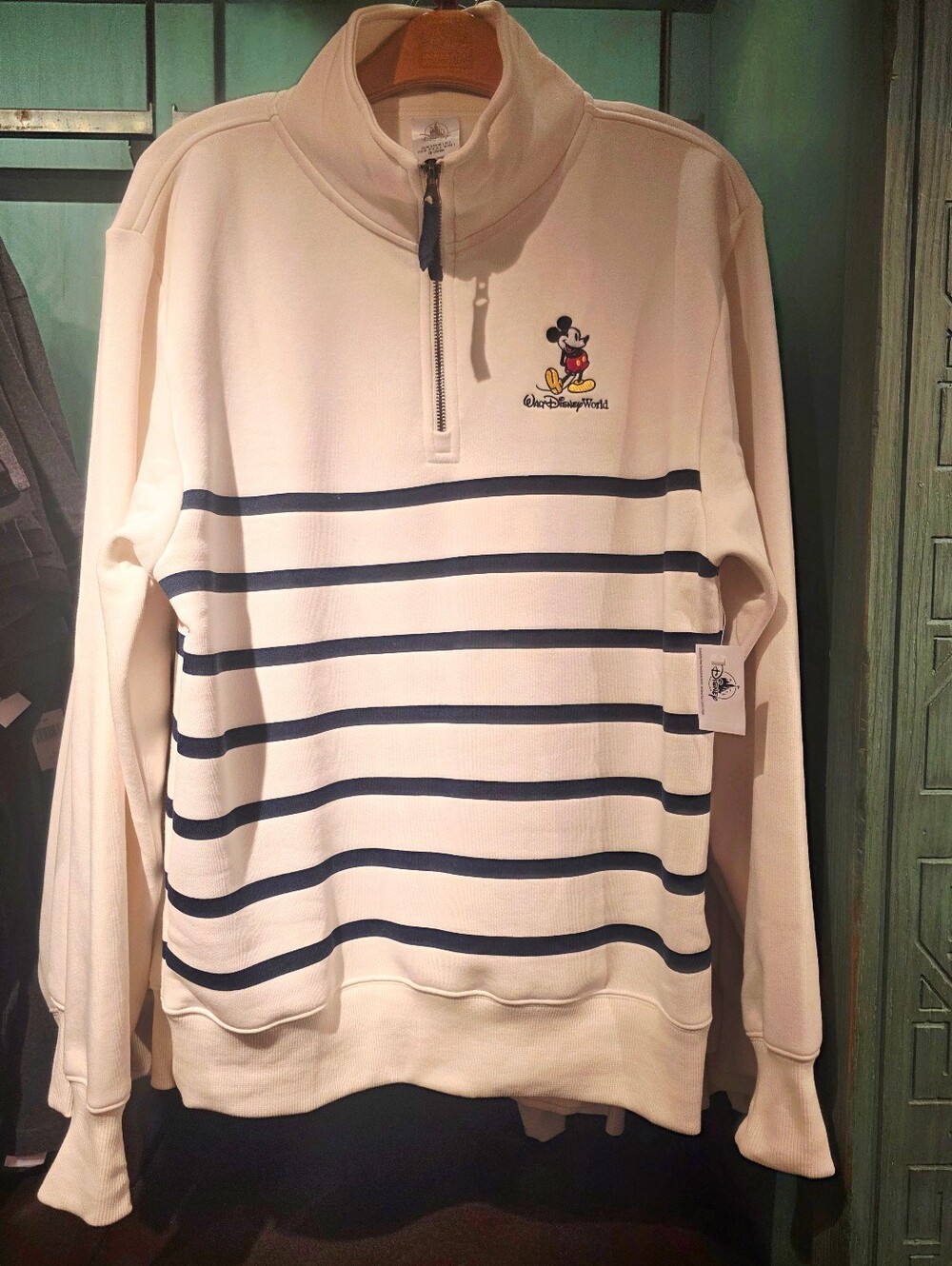 Disney Parks  Men's Cream Zip-Front Sweater with Navy Stripes & Mickey Patch